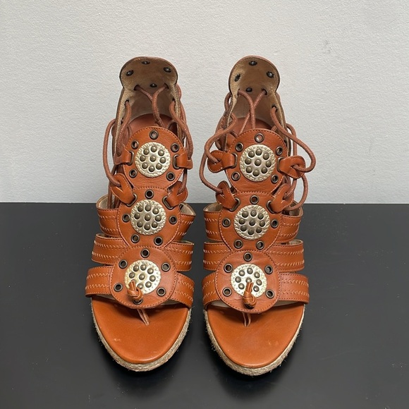 Michael Kors Gladiator Wedge Heel Leather Sandal Platform Lace Up Boho Brown 7 - Picture 2 of 12